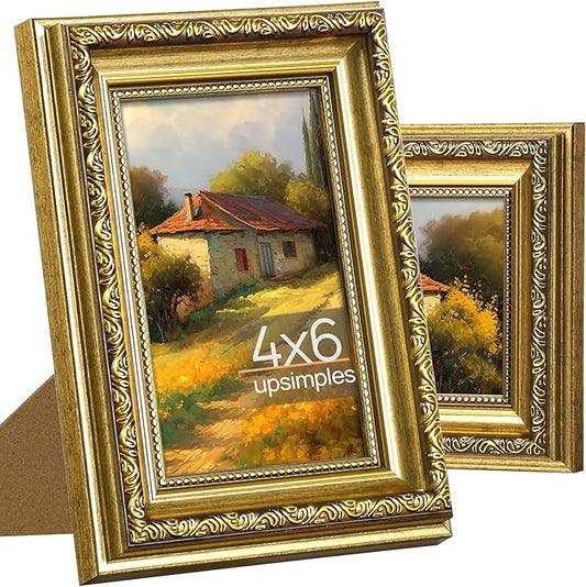 upsimples 4x6 Picture Frame with Real Glass, Ornate Vintage 4 x 6 Photo Frames for Wall Decor or Tabletop Display, Gold, 2...