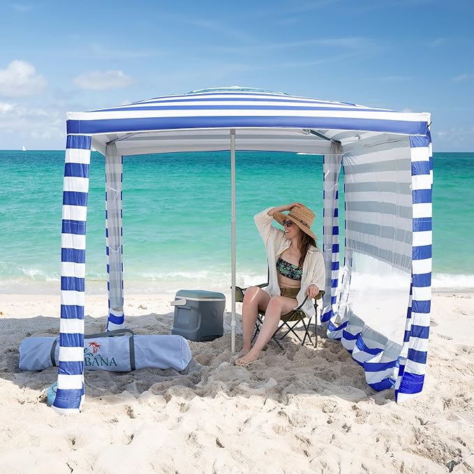 CROWN SHADES Beach Cabana 6.5 x 6.5, Canopy Cabana Tent Easy Pop Up - Beach Cabanas for Sand - UPF50+ Protection with Side...