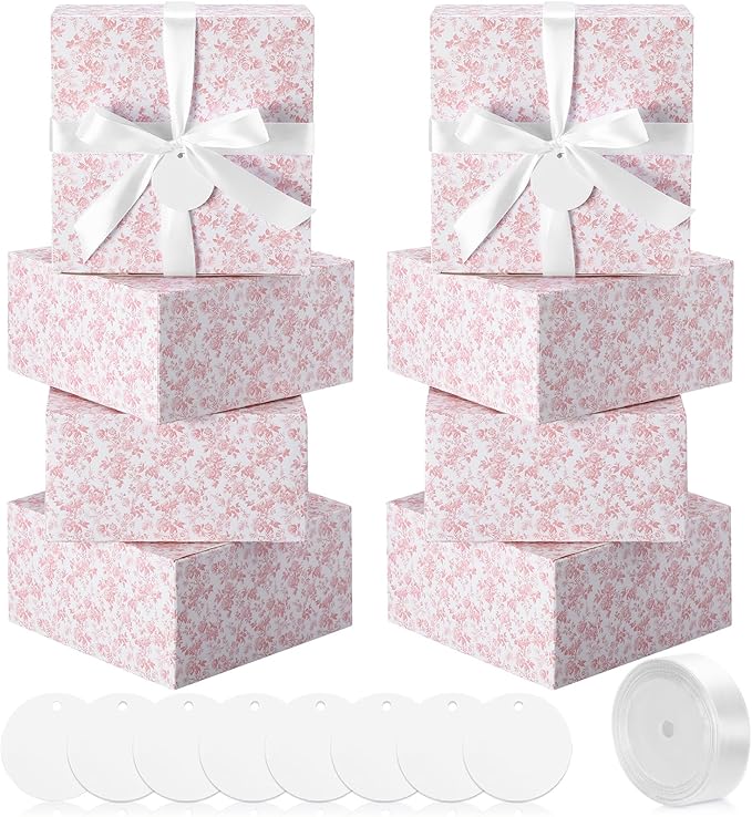 Faccito Pink 8 Pack Floral bridesmaid proposal Gift Boxes 8 x 8 x 4 Inch Flower Paper Boxes with Ribbon Label Card for Wed...