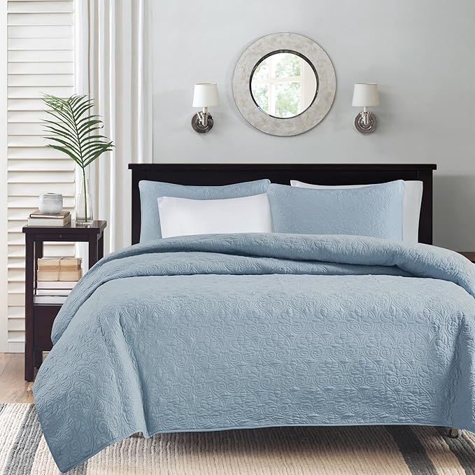 Madison Park Quebec Quilt Set - Luxurious Damask Stitching Design, Cotton Filled Lightweight Coverlet Bedspread Bedding, S...