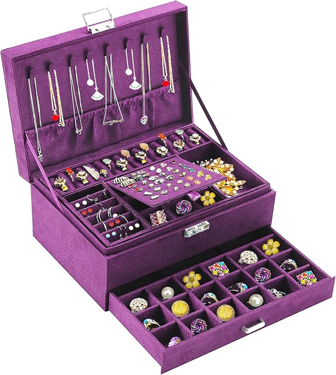 QBestry 3-Layer Jewelry Box for Women with Lock and Key & Drawer, Large Jewelry Organizer with 8 Necklace Hooks & 56 Earri...