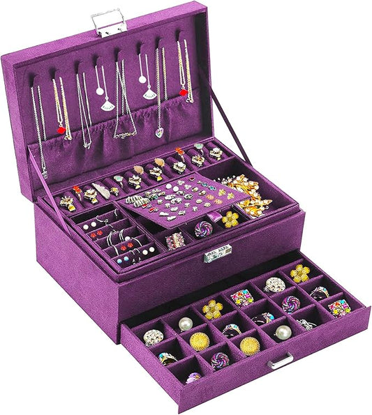 QBestry 3-Layer Jewelry Box for Women with Lock and Key & Drawer, Large Jewelry Organizer with 8 Necklace Hooks & 56 Earri...