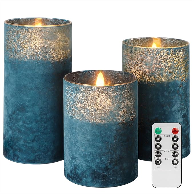 HJANDHJ Blue Flickering Flameless Candles with Remote - Handmade Sandblast Glass Battery Operated LED Pillar Candles for H...