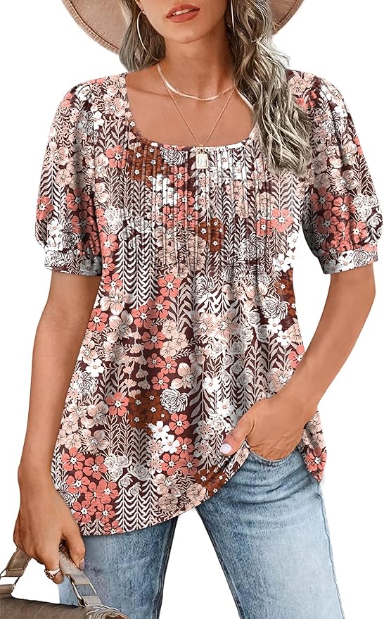 Zwurew Women's Summer Casual Puff Short Sleeve T-Shirts Square Neck Pleated Flowy Trendy Tunic Tops for Leggings S-2XL