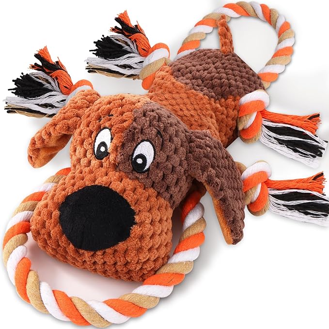 Drmstow Plush Dog Toys with Rope, Squeaker & Crinkle Paper – Interactive Squeaky Chew Toy for Large Dogs & Puppies – Tough...