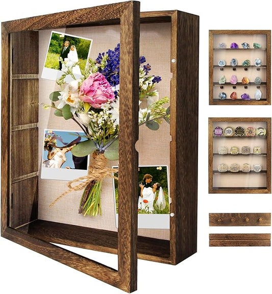 YEPOTUE Shadow Box Frame 11x14, Deep Shadow Box Display Case with Linen Back and Removable Shelves, Wooden Memory Box for ...