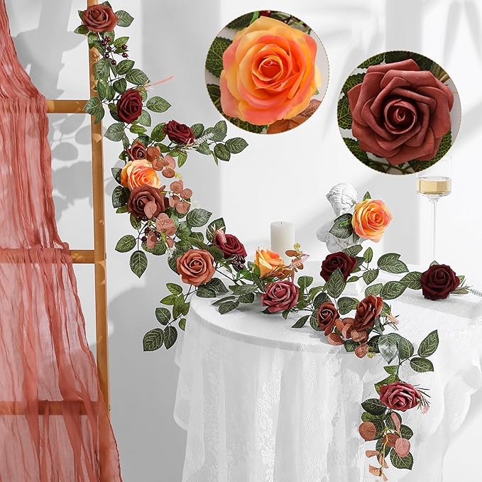 Garisey 5FT Terracotta Artificial Flower Garland Fall Floral Garland Burnt Orange Arch Rose Vine for Wedding Ceremony Part...