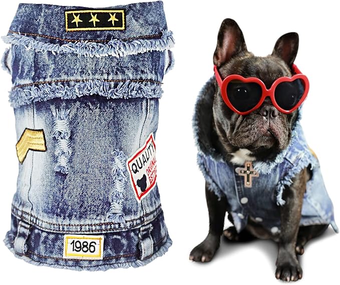 SILD Pet Clothes Dog Jeans Jacket Cool Blue Denim Coat Small Medium Puppy Blue Vintage Washed Clothes Dogs Lapel Vests Cla...