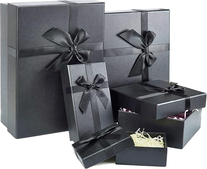 Eerbaier Gift Boxes with Lids for Presents, Set of 5 Black Gift Boxes, Pre-warpped Nesting Boxes for Gifts, Luxury Gift Bo...