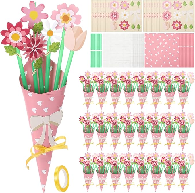 Motipuns 24 Sets Mother's Day DIY Paper Flower Bouquet Craft Kit Bulk for Kids Make Your Own Flower Bouquet DIY Craft Scho...