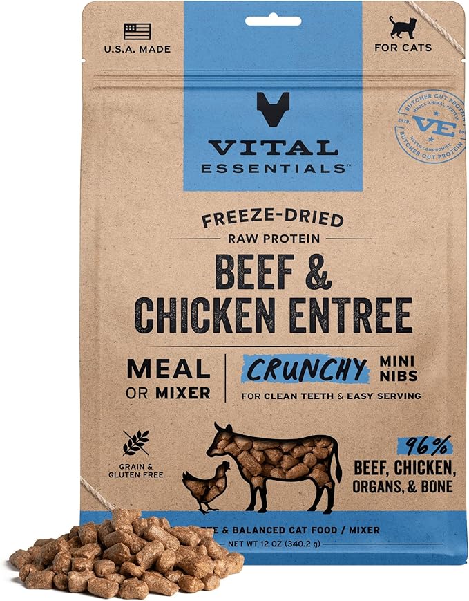 Vital Essentials Freeze Dried Cat Food, Raw Beef & Chicken Crunchy Mini Nibs | Complete Meal or Topper | 96% Beef, Chicke...