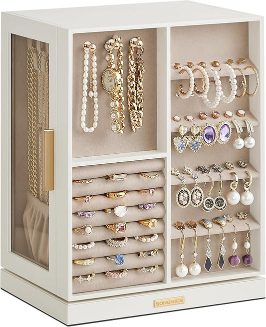 SONGMICS Jewelry Box 360° Rotating, Jewelry Storage Case with 5 Drawers, Jewelry Organizer, Glass Window, Spacious, Vertic...