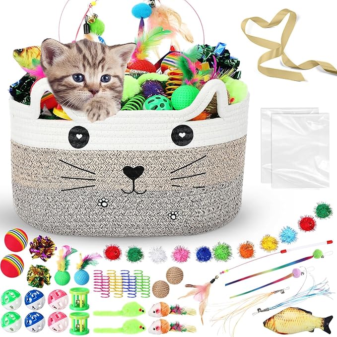 Zopeal 76 Pcs Easter Cat Storage Basket Gift Toys Set Interactive Cat Toys Kitten Wand Colorful Flashing Balls Pet Crinkle...