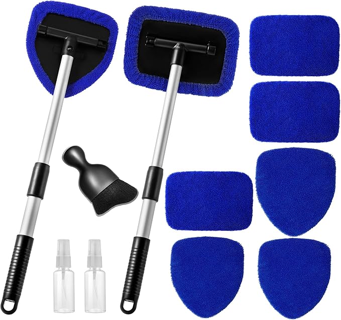 Qydipclin 11pcs Windshield Cleaner Tool, Car Window Cleaning Wash Kit with 6 Reusable Microfiber Pads 2 Spray Bottles and ...