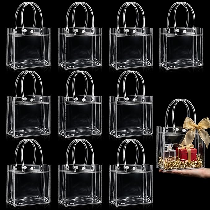 MAQIHAN Clear Gift Bags with Handles - 10 Party Favor Candy Bags, Plastic Goodie Bags Transparent, bolsitas, for Valentine...