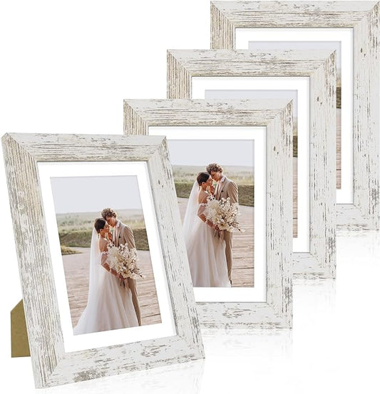Hongkee 5x7 Picture Frame Set of 4, Made of Real Glass and Distressed White Wooden Frame, 5 by 7 Photo for Wall or Tableto...