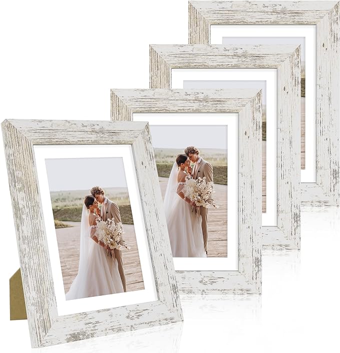 Hongkee 5x7 Picture Frame Set of 4, Made of Real Glass and Distressed White Wooden Frame, 5 by 7 Photo for Wall or Tableto...
