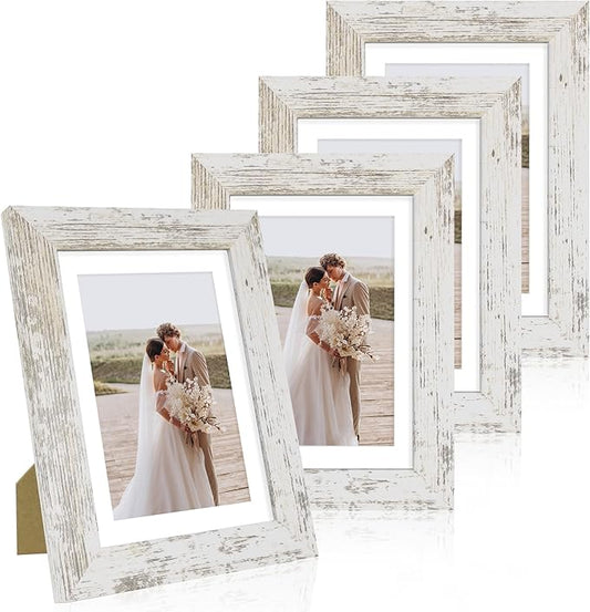 Hongkee 5x7 Picture Frame Set of 4, Made of Real Glass and Distressed White Wooden Frame, 5 by 7 Photo for Wall or Tableto...