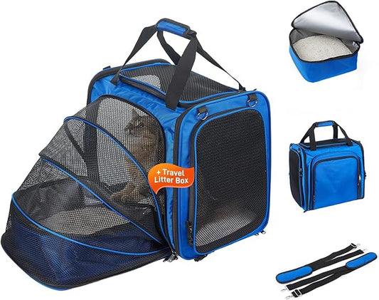 Expandable Cat Carrier with Litter Box, Extra Large Cat Carrier for Car Travel, 17.3"x16.2"x13" Portable Soft-Sided Pet Ca...