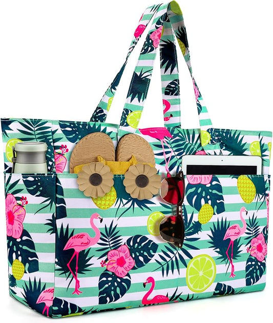 ISEYOU Extra Large Beach Bag Waterproof Beach Totes Bags for Women, Lightweight Foldable Pool Bag with Zipper Wet Compartment