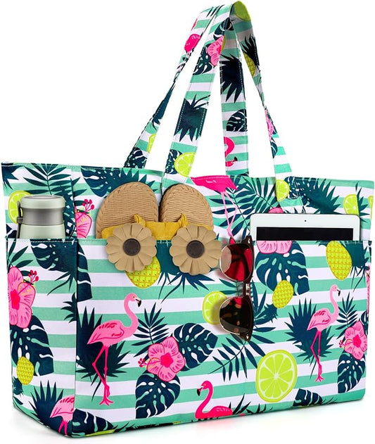 ISEYOU Extra Large Beach Bag Waterproof Beach Totes Bags for Women, Lightweight Foldable Pool Bag with Zipper Wet Compartment