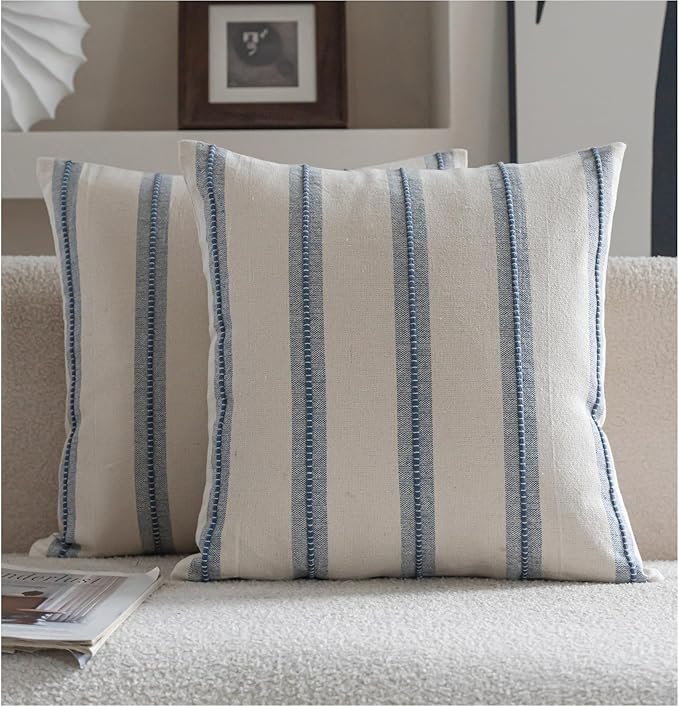 Cethom Boho Throw Pillow Covers 18x18 Set of 2, Beige and Blue Striped Decorative Pillow Cases for Couch Chair Bed, Textur...