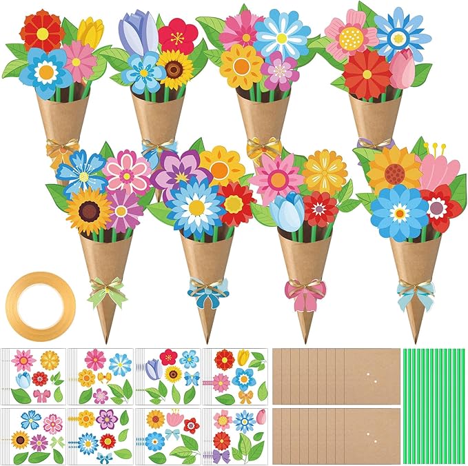 Motipuns 48 Set Spring Bouquet Flower Craft Kit Mother's Day DIY Flower Bow Paper Crafts Colorful Bouquets Make Your Own T...