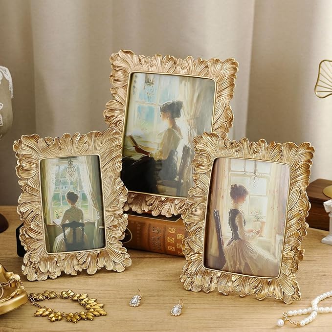 Wonderjune 3 Pcs Vintage Picture Frames Antique Set Baroque Ornate Gold Arched Photo Frames with Glass, Tabletop or Wall f...