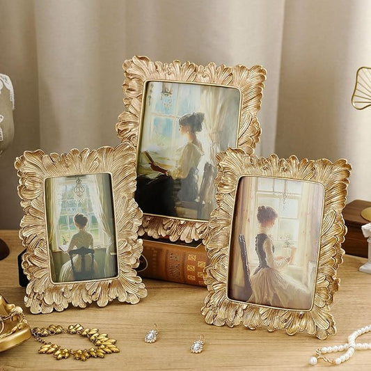 Wonderjune 3 Pcs Vintage Picture Frames Antique Set Baroque Ornate Gold Arched Photo Frames with Glass, Tabletop or Wall f...