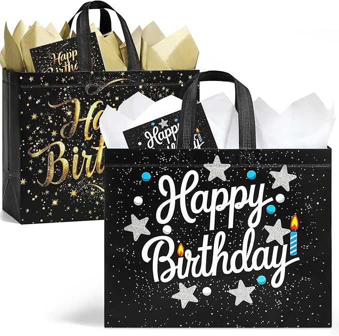 STYPOP 2 Pack 13" Large Birthday Gift Bags with Tissue Paper & Cards, Reusable Non-Woven Happy Birthday Bags with Handles,...