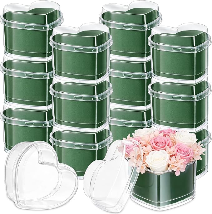 FunooFuno 12 Pcs Mother's Day Heart Shaped Plastic Boxes 2.95" x 2.95" Flower Box with Lids Floral Foam Mini Clear Heart C...
