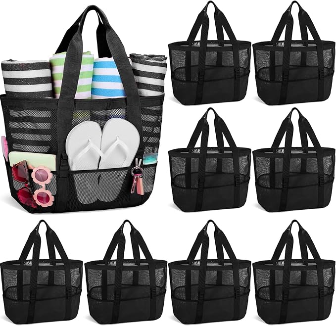 Hillban Large Beach Mesh Bags Bulk for Women Beach Tote Bag with 8 Pocket Zipper Waterproof Sandproof for Pool Cruise Ship