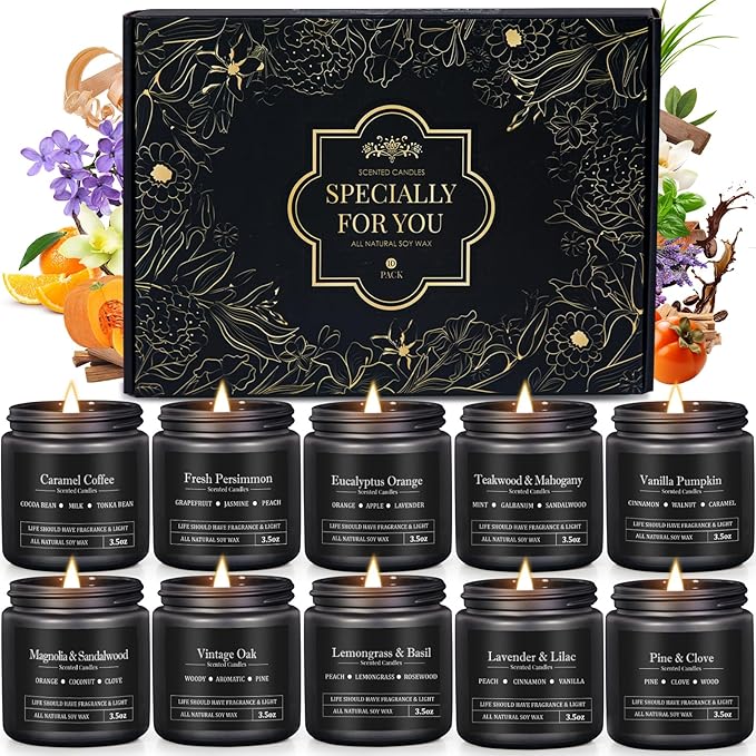 10 Pack Scented Candles for Men, Masculine Candle Gift Set with Woody & Fresh Scents, Soy Wax Aromatherapy Candles for Hom...