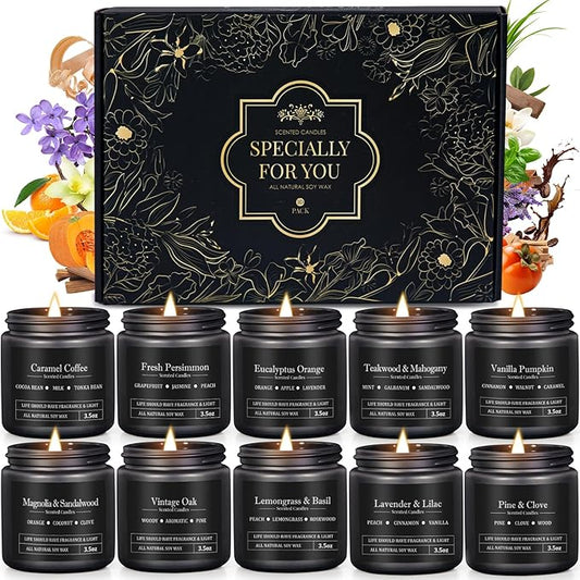 10 Pack Scented Candles for Men, Masculine Candle Gift Set with Woody & Fresh Scents, Soy Wax Aromatherapy Candles for Hom...