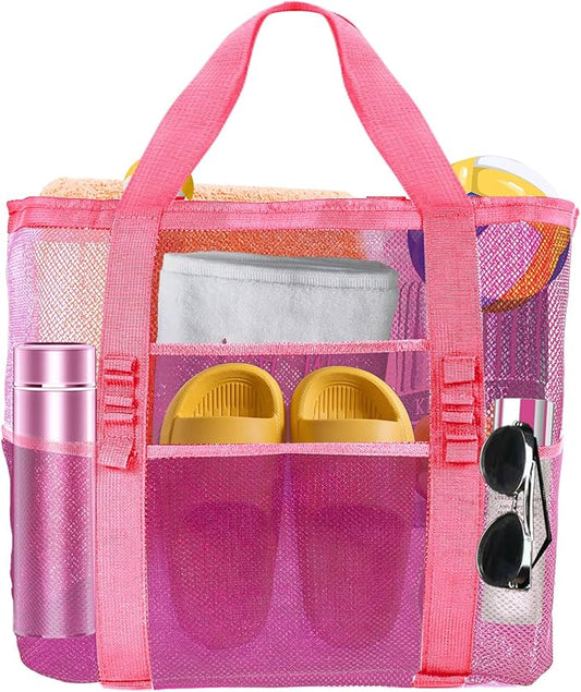 Yunaeduo Large Mesh Beach Bag - Lightweight & Foldable Family Beach Bag with 9 Pockets for Toys, Towels & Vacation Essentials