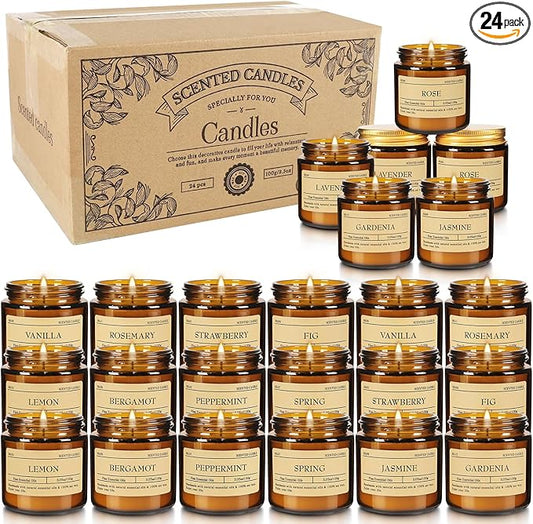 24-Pack 3.05oz Scented Candle Gift Sets - 12 scents Jars Natural Soy Wax for Women, Home Decoration and Elegant Occasions