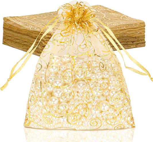 Staruby Organza Gift Bags 50 Pcs Gold Sheer Organza Bag 6x8 Inch Mesh Favor Bags Drawstring Jewelry Rattan Printed Gift Po...