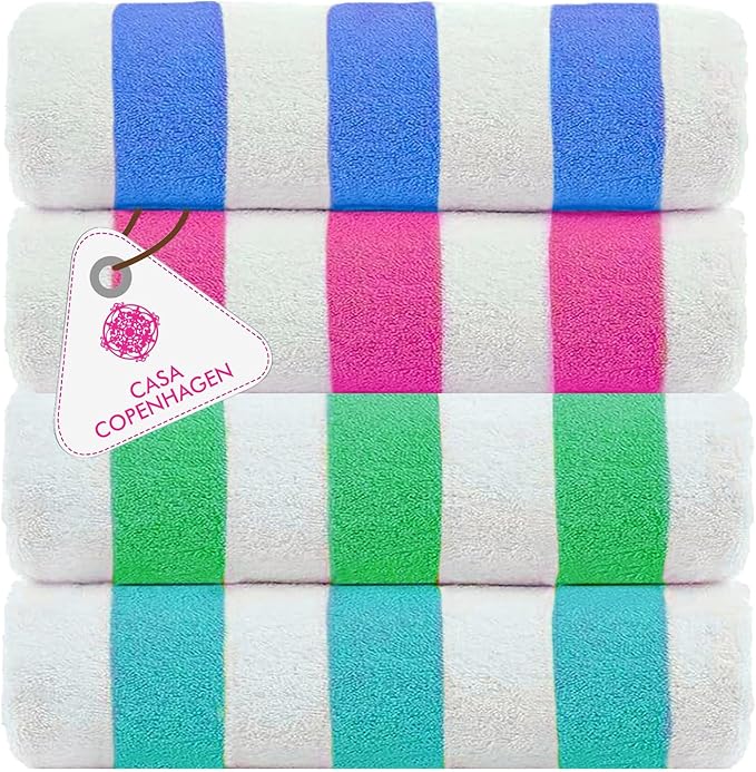 Casa Copenhagen Cabana Towel 4Pcs Teal,Blue,Pink,Green Designer Stripe Beach Towels Gift Set, 30"x60" Oversized 100%Cotton...