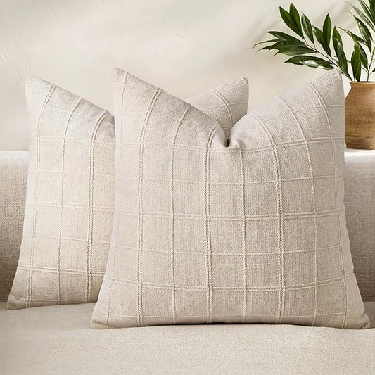 Woaboy Linen Check Throw Pillow Covers Set of 2 - Natural Beige Farmhouse Modern Boho Vintage Decorative Cushion Covers fo...