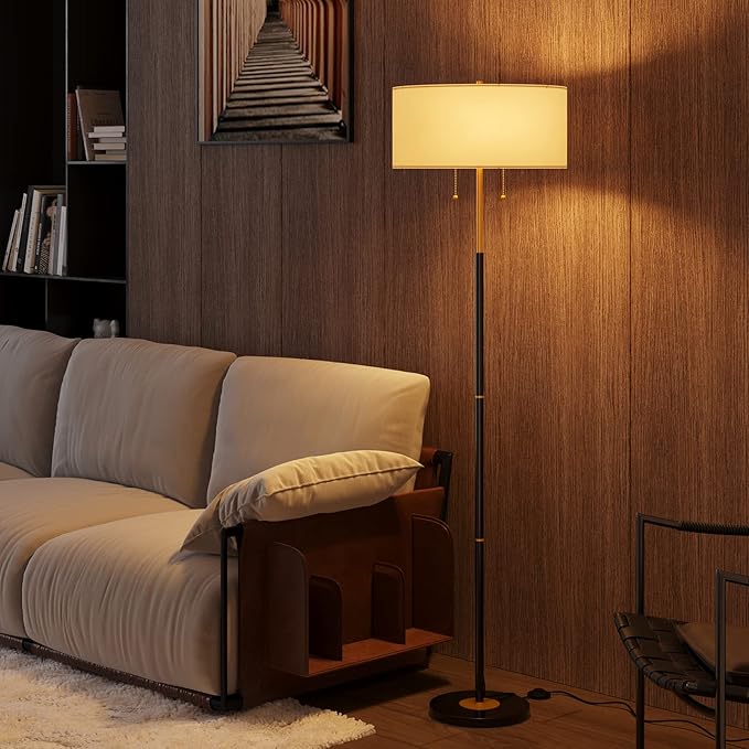 Karjoefar 2-Light Floor Lamp, Mid Century Floor Lamp with White Fabric Shade, Standing Lamp Tall Lamp for Living Room Bedr...