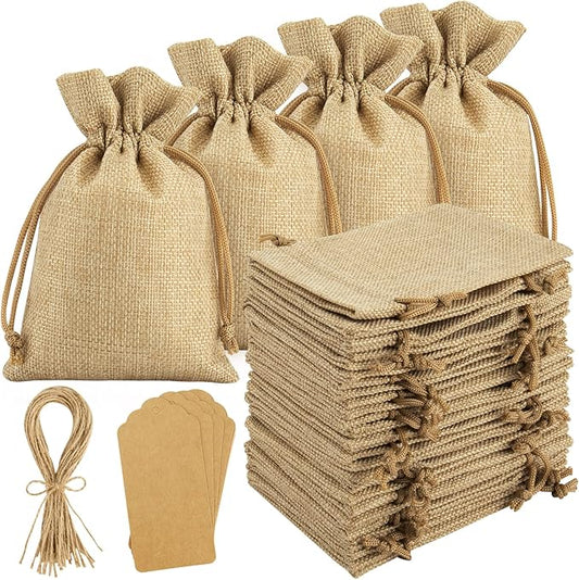 25PCS Burlap Gift Bags With Drawstring, 4x6" Small Party Favor Gift Bags + Bonus Gift Tags & String, Gift Bag Small Size f...