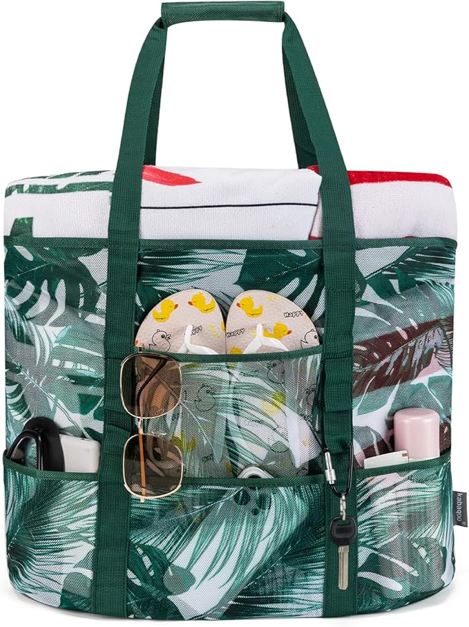 KABAQOO Mesh Beach Bag, Extra Large Beach Bags with 9 Pockets & Zipper Waterproof Lightweight Beach Tote for Beach/Pool Tr...