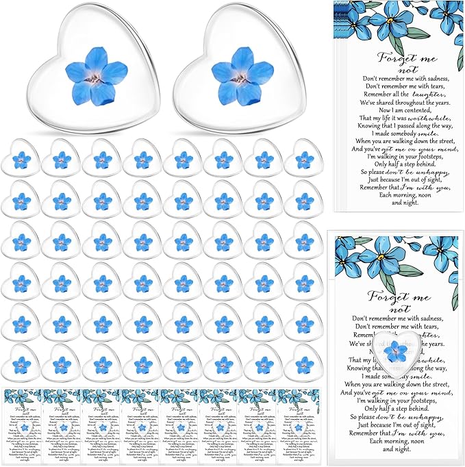 Cunno 100 Sets Forget-me-not Flower Gift Set, Heart-shaped Dried Pressed Flower Keepsakes with Sympathy Cards and Bags, Me...