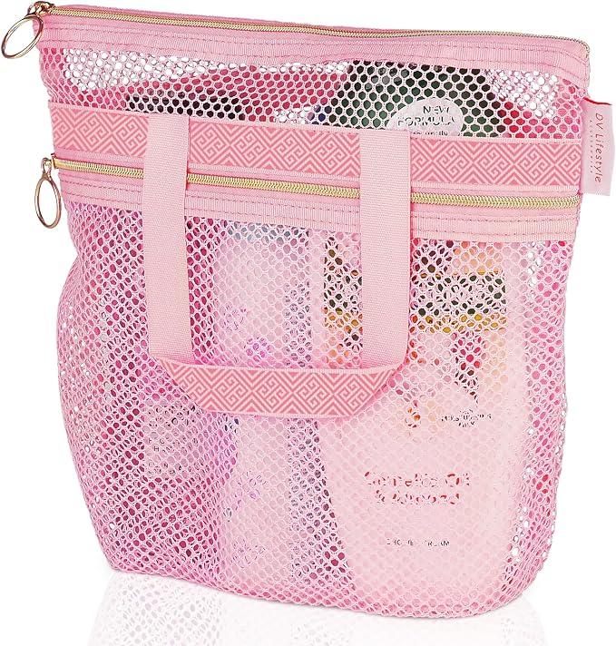 DV Lifestyle Mesh Shower Bag 10.2x9.9'' Quick-Dry Caddy with Zipper & 2 Pockets. Portable Toiletry Tote for Bathroom, Gym,...