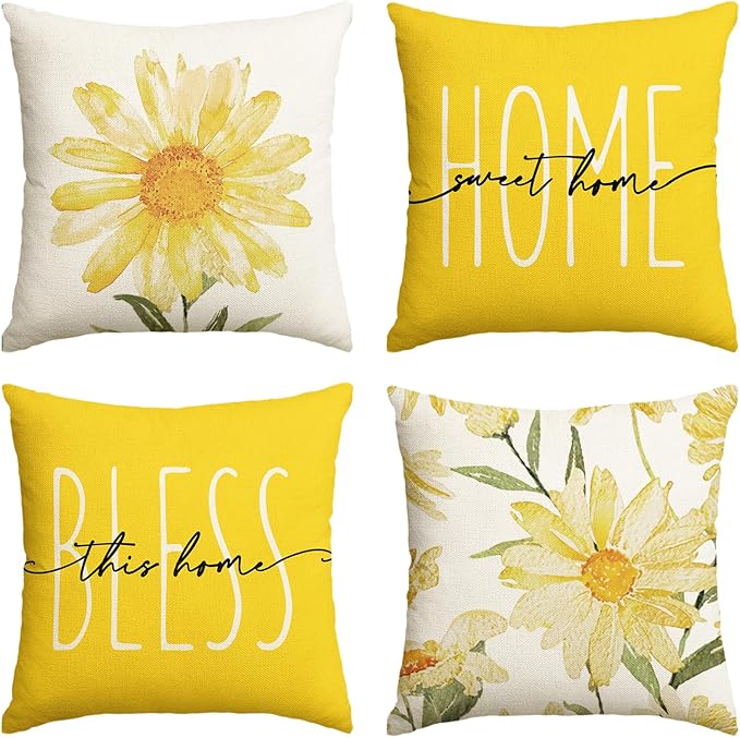 AVOIN colorlife Home Sweet Home Spring Summer Flowers Yellow Throw Pillow Covers, 18 x 18 Inch Cushion Case for Sofa Couch...