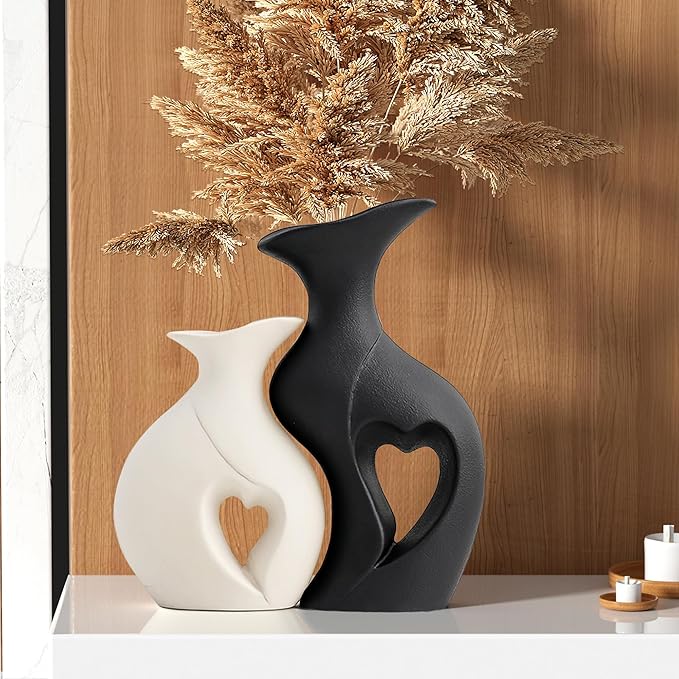 Black and White Vase Heart Shape Ceramic Vase Set of 2,Modern Boho Hollow Flower Vases,Nordic Aesthetic Decor,Decorative V...