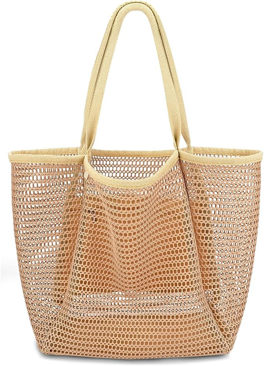 Iioscre Beach Bag for Women, Causal Hobo Pool Bags with Zipper Inner Pocket, Foldable Swim Tote Bag for Vacation Essentials