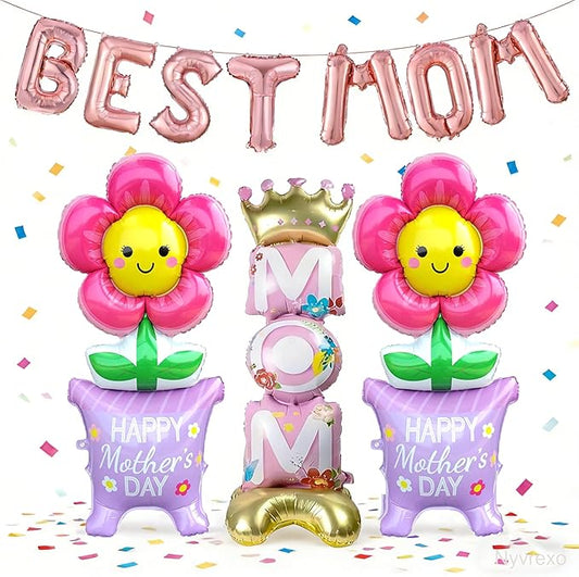11Pcs Happy Mother's Day Balloons Set, 16Inch and 60Inch BEST MOM Large Standing Flower Foil Balloons for Mothers Day Cele...