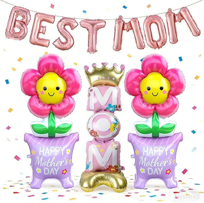 11Pcs Happy Mother's Day Balloons Set, 16Inch and 60Inch BEST MOM Large Standing Flower Foil Balloons for Mothers Day Cele...