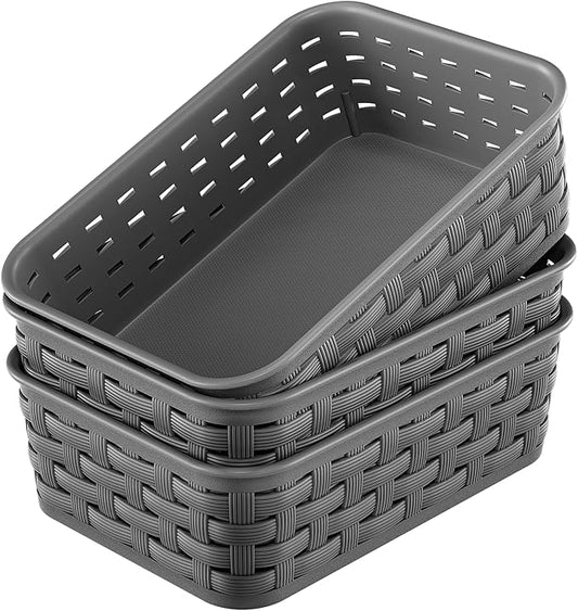 3 Pack Small Plastic Basket, Storage Bin Baskets for Organizing, Pantry Organizer Household Wicker Storage for Laundry Roo...